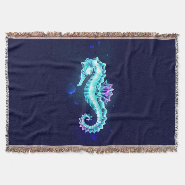 Crystal Ice Seahorse on Blue Background Throw Blanket (Front)