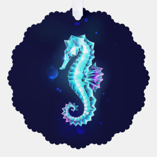 Crystal Ice Seahorse on Blue Background Tree Decoration Card