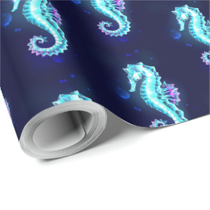Crystal Ice Seahorse on Blue Background Wrapping Paper