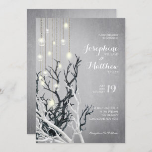 Crystal Light String White Branch Grey Wedding Invitation