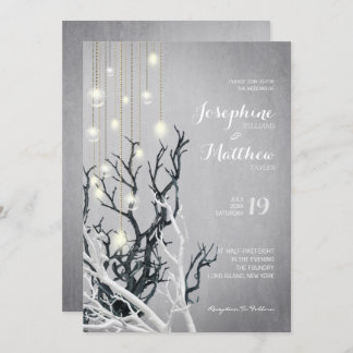 Crystal Light String White Branch Grey Wedding Invitation