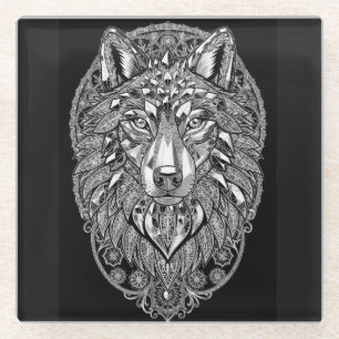 Crystal Lion Wall Art   White Line Art on Black    Glass Coaster