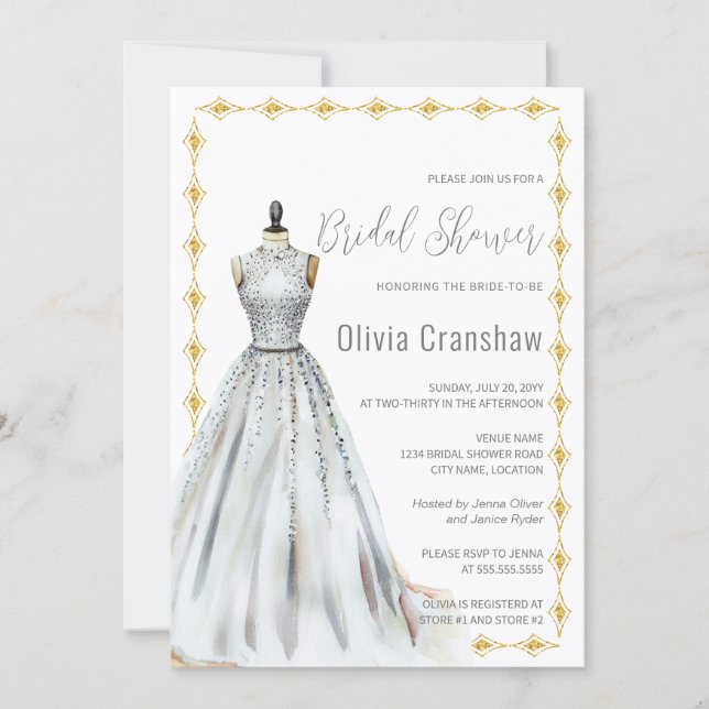 Crystal Look Wedding Gown Bridal Shower Invitation (Front)