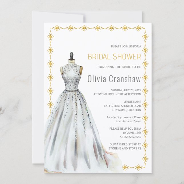 Crystal Look Wedding Gown Bridal Shower Invitation (Front)