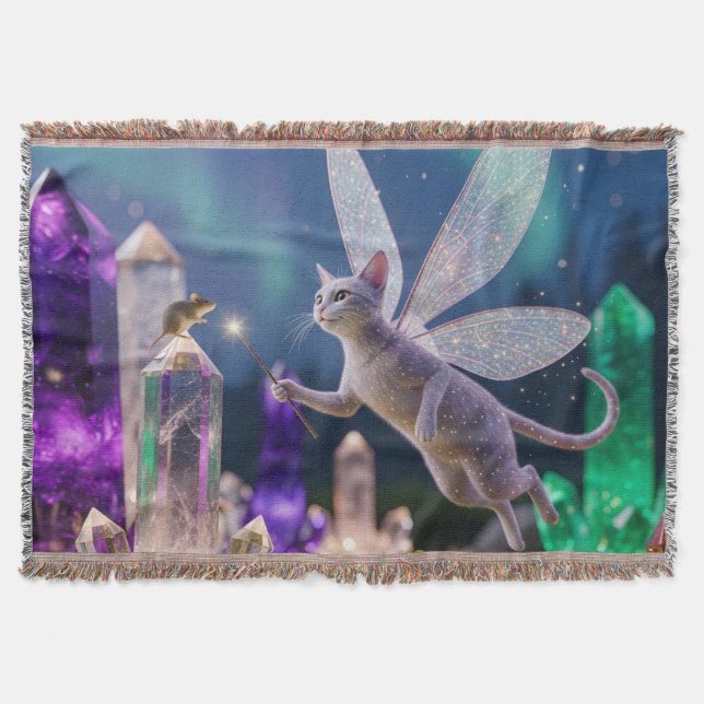 Crystal Mice and Cat Fairy Garden Throw Blanket (Front)