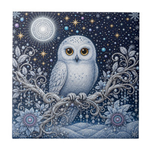 Crystal Night with Magical Snowy Owl Ceramic Tile
