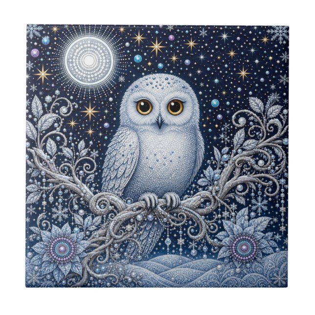 Crystal Night with Magical Snowy Owl Ceramic Tile (Front)