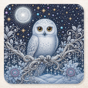 Crystal Night with Magical Snowy Owl Square Paper Coaster