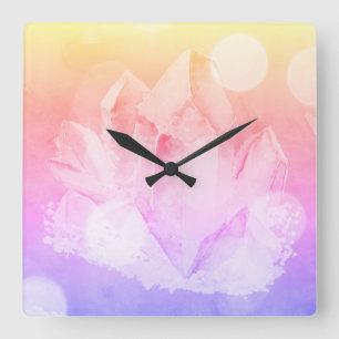 *Crystal Peaceful Pink Lavender Gold Healing Vibes Square Wall Clock
