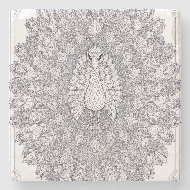 Crystal Peacock Wall Art | Geometric Peacock Line  Stone Coaster (Front)