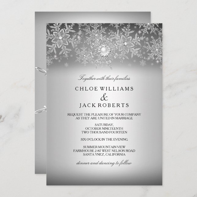 Crystal Pearl Snowflake Silver Winter Wedding Invitation (Front/Back)