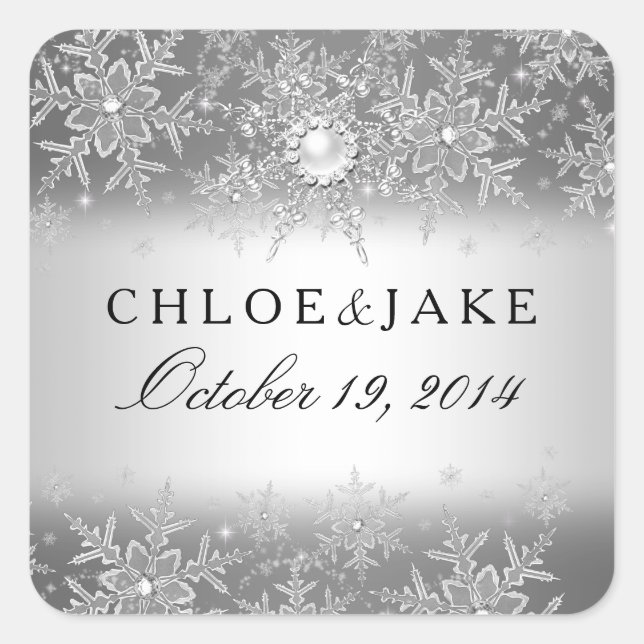 Crystal Pearl Snowflake Silver Winter Wedding Square Sticker (Front)