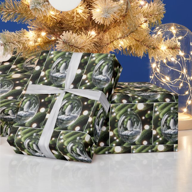 Crystal Penguin Ornament On Pine Tree Wrapping Paper (Holidays)