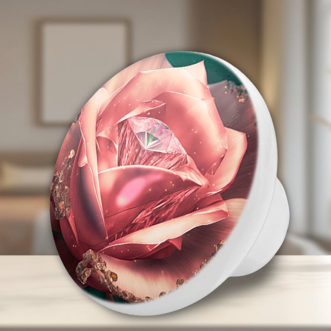 Crystal Pink Rose Ceramic Knob (Diamond Pink Rose Fantasy Ceramic Knob for Bedroom, Bath or Living Room Accents)