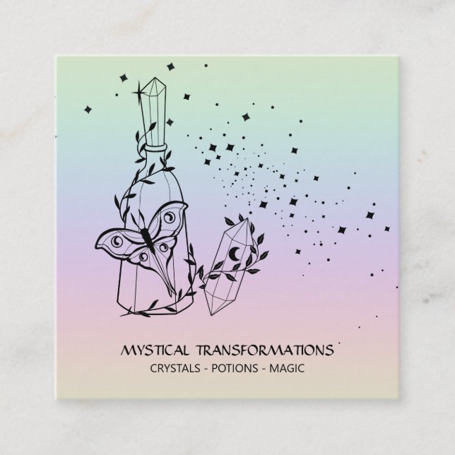 *~* Crystal Potions Luna Moth Stars Pastel Rainbow Square Business Card (Front)