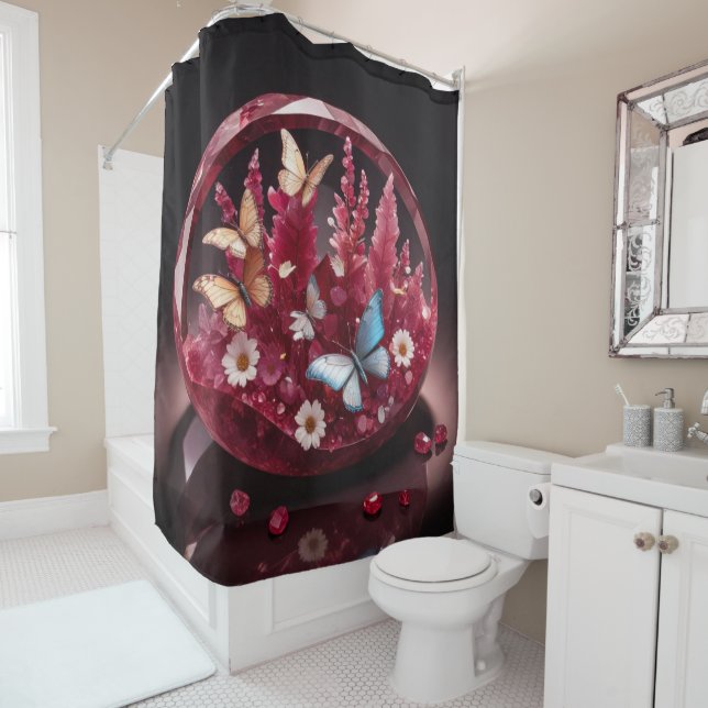 Crystal Ruby Garden Jewel Butterflies Shower Curtain (In Situ)