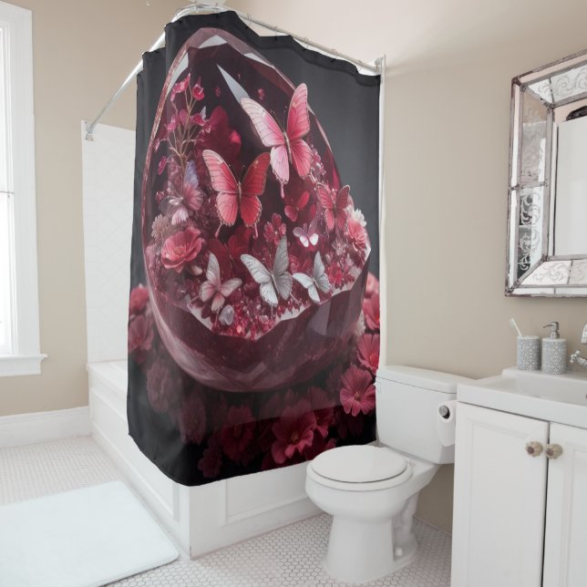 Crystal Ruby Garden Jewel Butterflies Shower Curtain (In Situ)