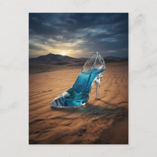 Crystal shoe with ocean inside in desert postcard