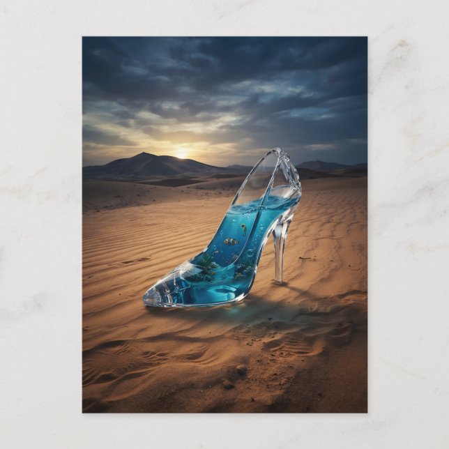 Crystal shoe with ocean inside in desert postcard (Front)