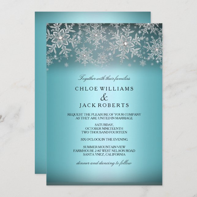 Crystal Snowflake Blue Winter Wedding Invitation (Front/Back)