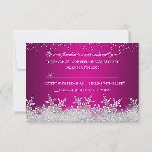 Crystal Snowflake Hot Pink Christmas Party RSVP Card (Front)
