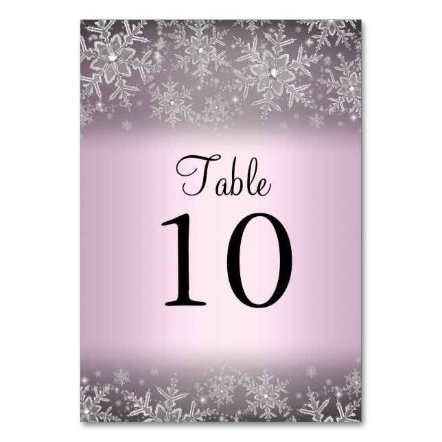 Crystal Snowflake Pink Winter Table Number Card (Front)