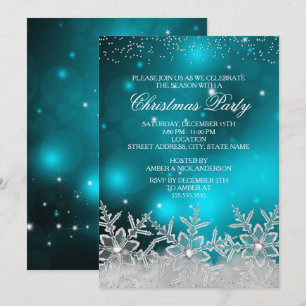 Crystal Snowflake Teal Christmas Party Invite