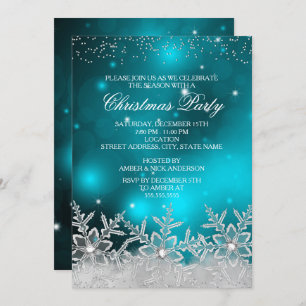 Crystal Snowflake Teal Christmas Party Invite