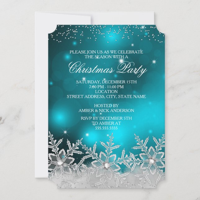 Crystal Snowflake Teal Christmas Party Invite (Front)