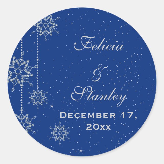 Crystal snowflakes blue wedding Save the Date Classic Round Sticker (Front)