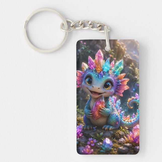 Crystal Sprout – Cute Crystal Dragon Fantasy Art Key Ring (Front)