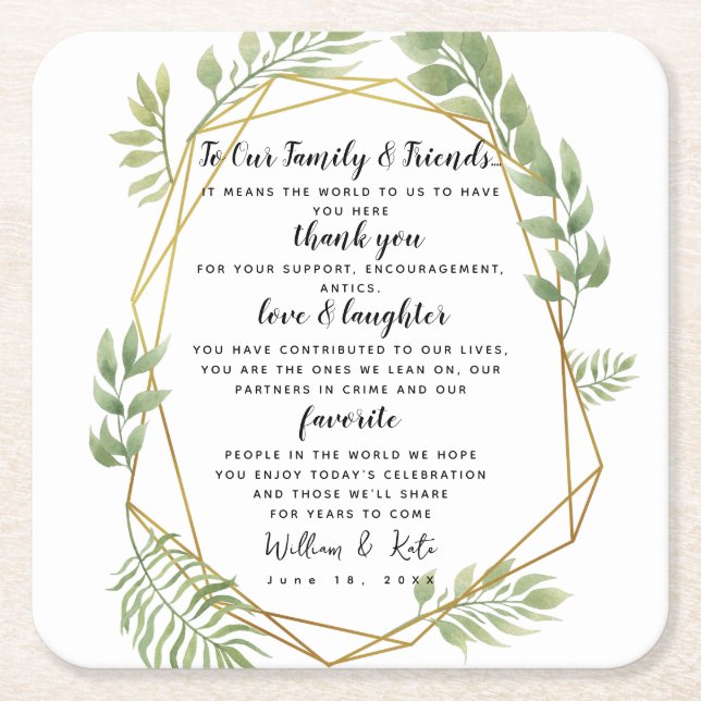 crystal wedding greenery party/wedding Thank you Square Paper Coaster (Front)
