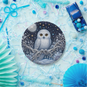 Crystal Winter Night with Snowy Owl Paper Plate