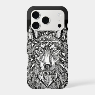 Crystal Wolf Wall Art White Line Art on Black