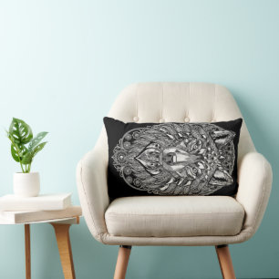 Crystal Wolf Wall Art White Line Art on Black Lumbar Cushion