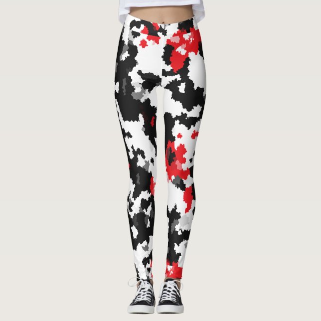 Crystalline Red Black And White Abstract Pattern Leggings (Front)