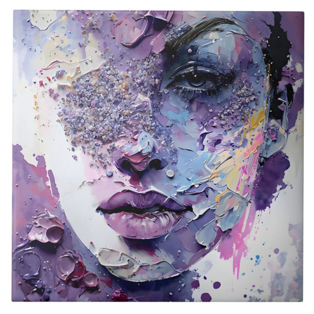 "Crystalline Silence" – A Purple Portrait Ceramic Tile (Front)