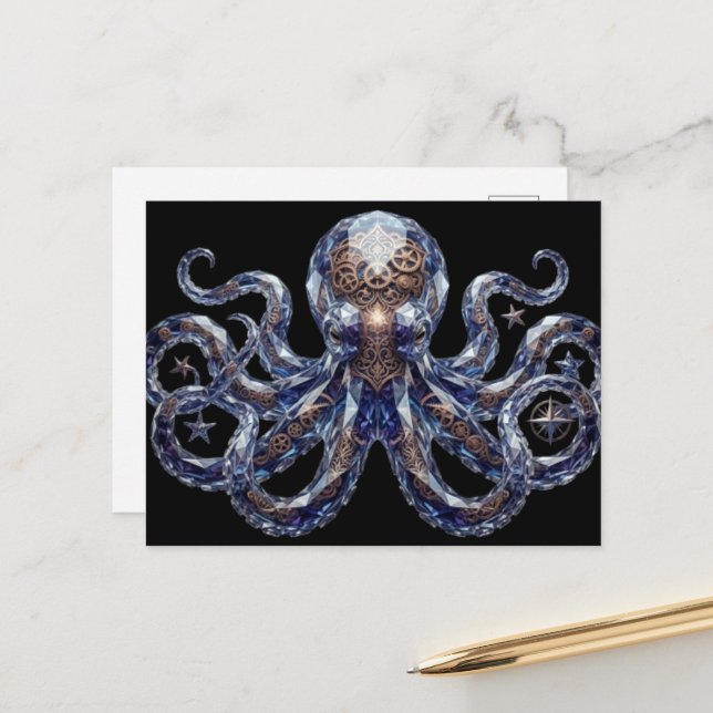 Crystalline Steampunk Octopus Postcard (Front/Back In Situ)