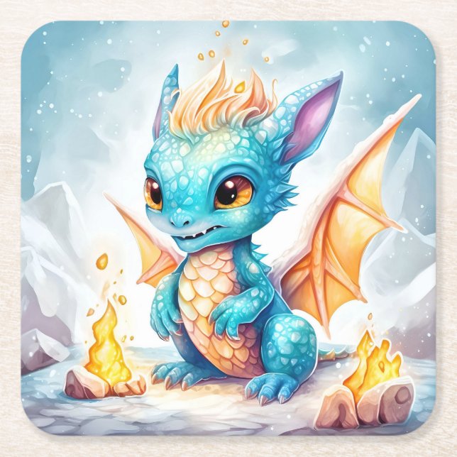 Crystallised Cute Baby Blue Dragon-68799 Square Paper Coaster (Front)