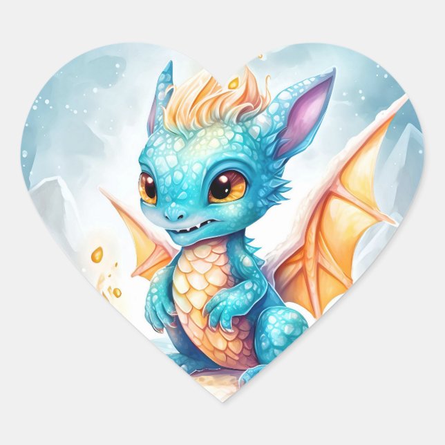 Crystallised Cute Baby Blue Dragon Heart Sticker (Front)
