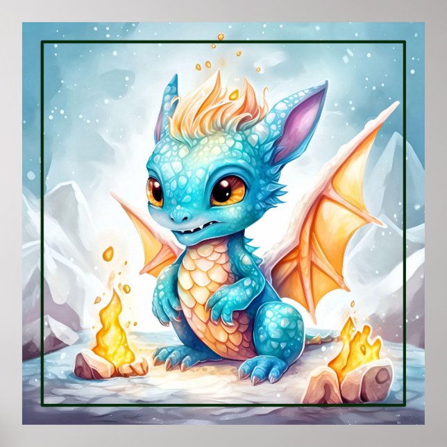 Crystallised Cute Baby Blue Dragon Poster (Front)