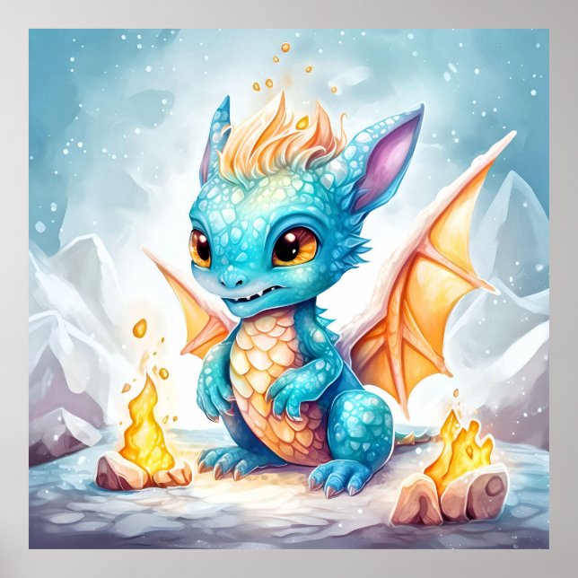 Crystallised Cute Baby Blue Dragon Poster (Front)