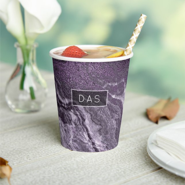 Crystallised Purple Agate | Moody Marbled Monogram Paper Cups (Insitu)