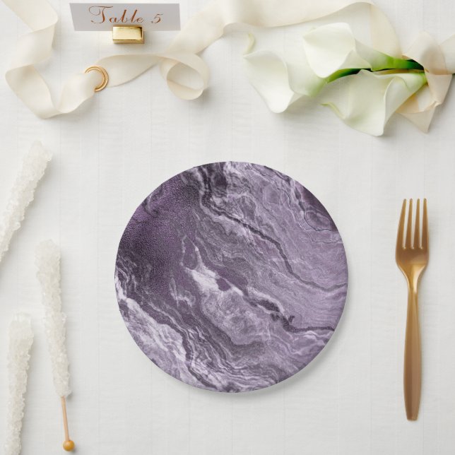 Crystallised Purple Agate | Moody Marbled Stone Paper Plate (Wedding)