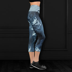 Crystallised Teal Agate Dark Aqua Marbled Stone Capri Leggings