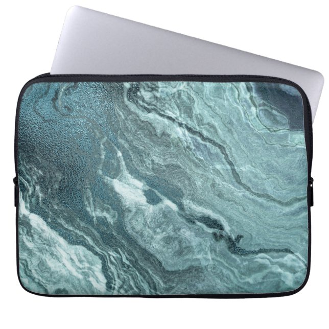 Crystallised Teal Agate | Dark Aqua Marbled Stone Laptop Sleeve (Front)