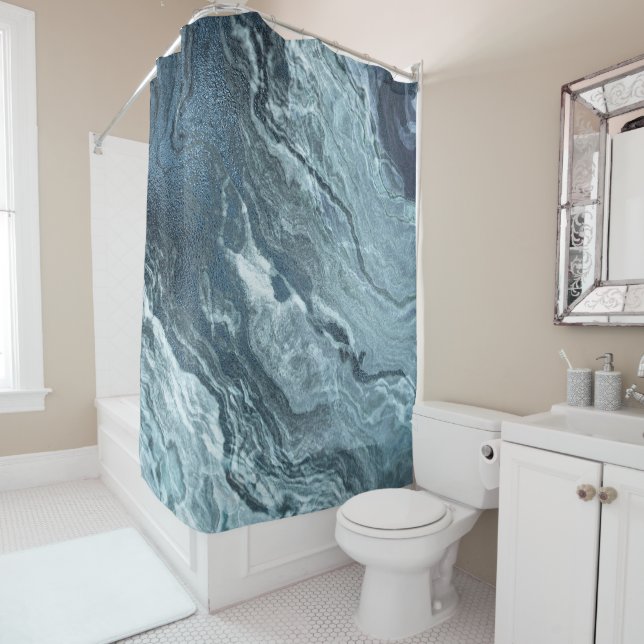 Crystallised Teal Agate | Dark Aqua Marbled Stone Shower Curtain (In Situ)