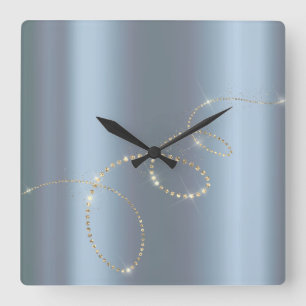 Crystals Blue Infinity Gold. Elegant Minimali Square Wall Clock