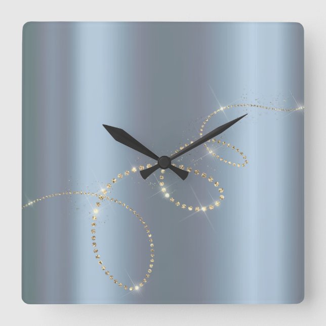 Crystals Blue Infinity Gold. Elegant Minimali Square Wall Clock (Front)