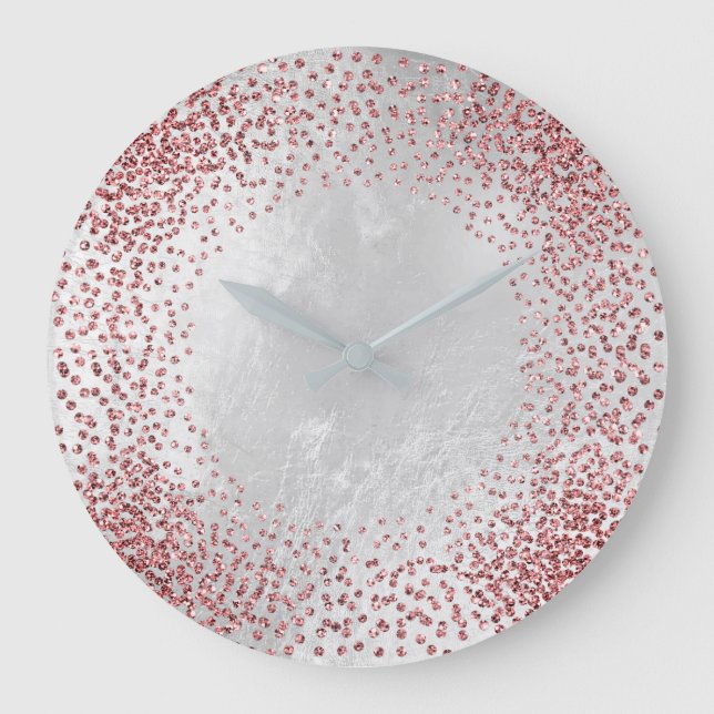Crystals Confetti Glitter Rose Pink Silver Grey Large Clock (Front)